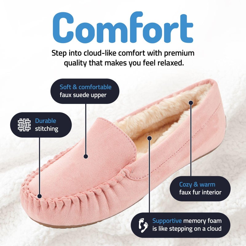 Floopi Women Slippers Moccasins, Soft Faux Fur Lining with Cozy Memory Foam, Ladies House Slippers for Women with Indoor & Outdoor Anti-Skid Sole(10, Pink-323) - Image 2